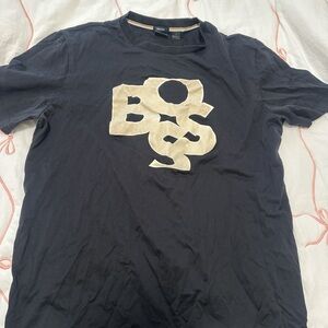 BOSS Men's Navy T-Shirt with Cream Logo